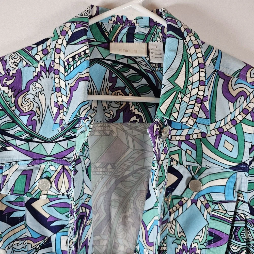 Chicos Jacket Womens Size 1 Med 8/10 Blue Hannalee Graphic Print Long Sleeve EUC